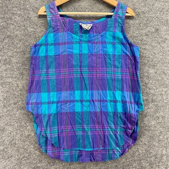New Pazzle Blouse Women L Large Blue Plaid Sleeveless Wide Strap Round Neck - Picture 4 of 10